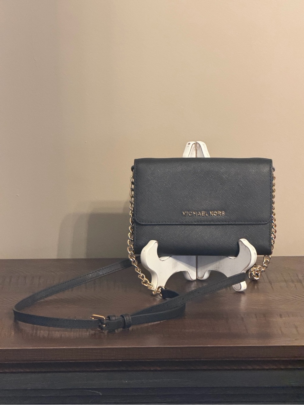 Michael Kors Black Pebbled Leather Chain Shoulder Wallet